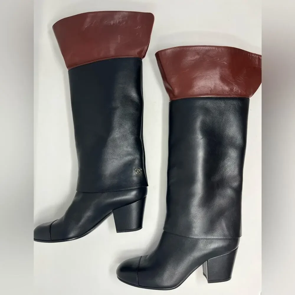 Chanel CC Cap Toe Fold Over Riding Boot Black Brown Leather Block Heel size 38.5